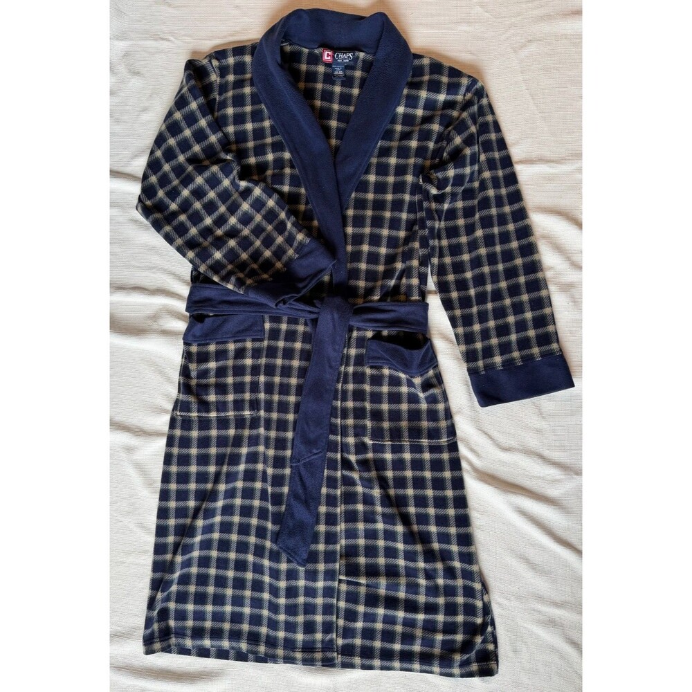 Chaps Men’s Plaid Fleece Robe One Size Fits Most Blue Green Tan Lounge Bathrobe